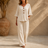 Adeline | Linen Ruffle-Cuff Top & Wide-Leg Trousers Set
