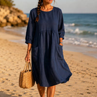 Adaline | Elegant Three-Quarter Sleeve Style Linen Midi Dress