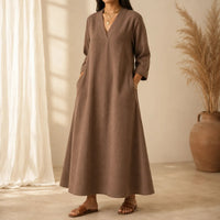 Andrea | Linen V-Neck A-Line Maxi Dress with Pockets