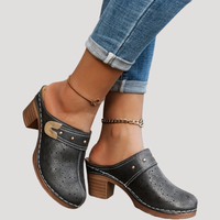 Camille | Embossed Buckle Accent Block Heel Slip-On Clog Mules