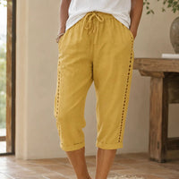 Lucia | Eyelet Trim Style Linen Capri Pants