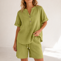Carolina | Relaxed Henley Top with Drawstring Shorts Linen Two-Piece Set