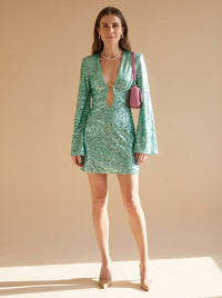 Emerie | Sequin Plunge Neck Mini Party Dress with Flared Sleeves